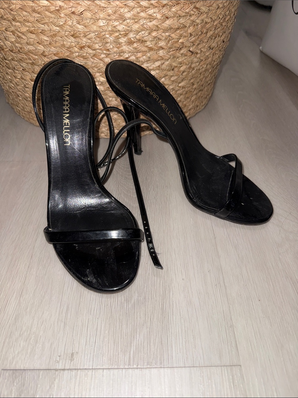 Tamara Mellon Black Patent Minimalist Stiletto Sandals